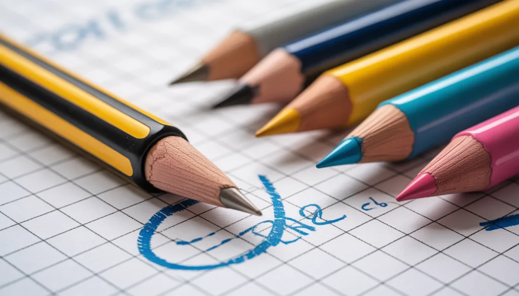 Writing instrument safety standards illustrated with compliance testing, child safety symbols, and quality inspection under BS 7272 guidelines.