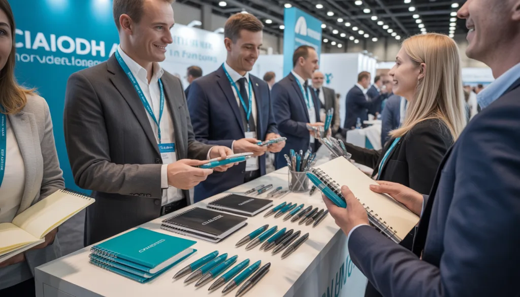 promotional stationery supplier China products being distributed at corporate trade show