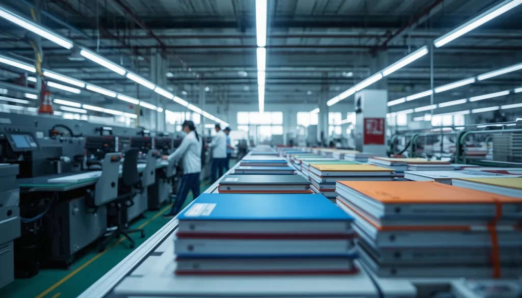 custom notebook manufacturer China production facility showing printing and binding equipment