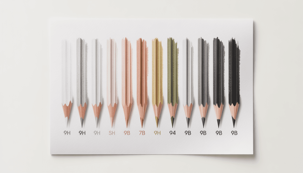 Pencil lead grade swatches from 9H to 9B showing the range from light to dark marks on white paper
