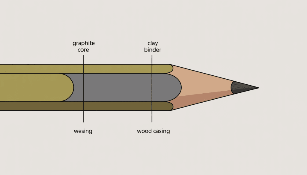 Illustrated cross-section of a pencil showing the graphite and clay pencil lead core inside the wood casing