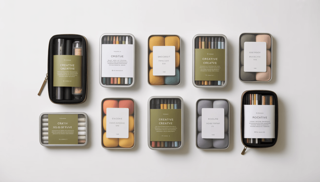 Ten different art supplies sets displayed in a flat lay grid on a white background