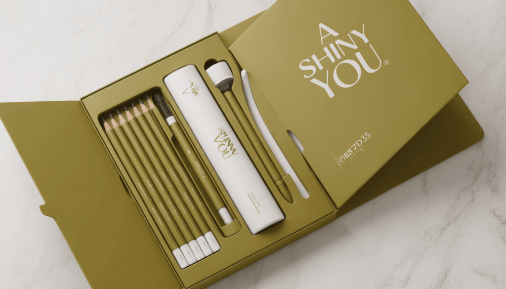 Shiny You branded art supplies set in olive gold packaging with pencils fanned out on white marble
