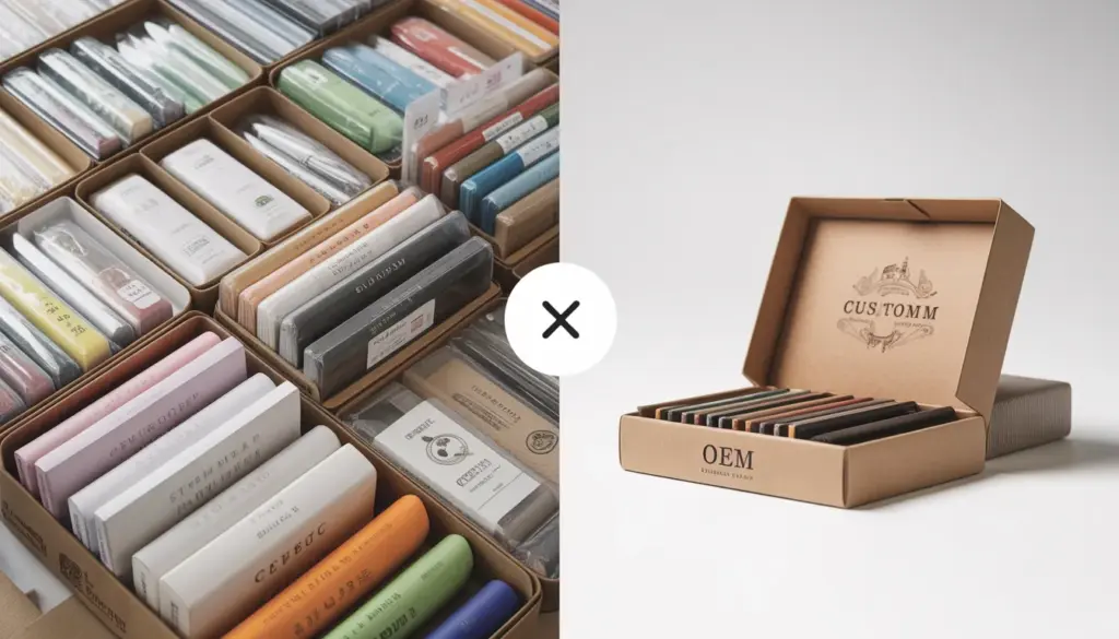 Side by side comparison of wholesale stationery versus OEM custom stationery packaging