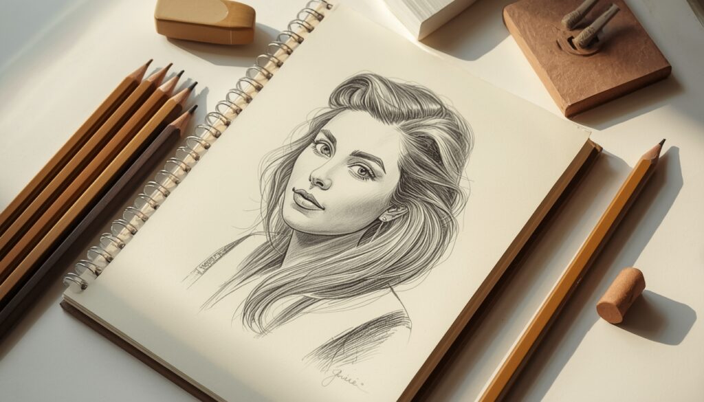 Professional art supplies set with graphite pencils open sketchbook and blending tools on a white surface