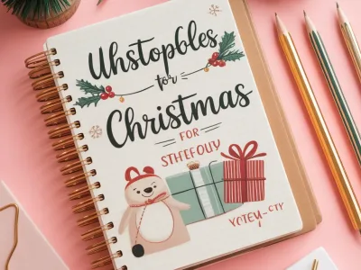 A festive display of premium notebooks, planners, pens, and stationery gift sets arranged for Christmas retail, showcasing eco-friendly and limited-edition designs.