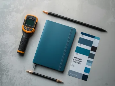 Professional Pantone color matching process with spectrophotometer analyzing notebook cover against PMS color chip for exact accuracy