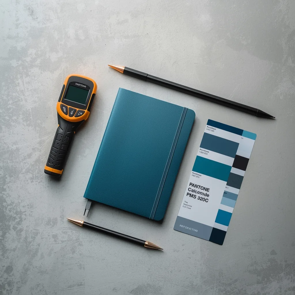 Professional Pantone color matching process with spectrophotometer analyzing notebook cover against PMS color chip for exact accuracy