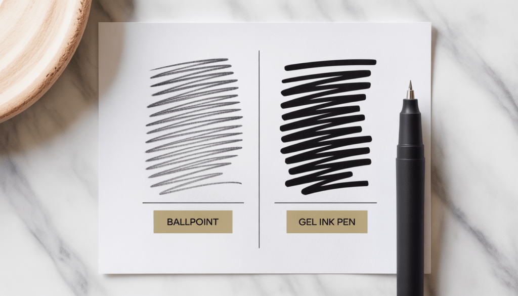 Gel Ink Pens: 10 Best Options for Writers in 2026 2 Side by side writing comparison showing ballpoint pen scratchy faint lines versus gel ink pen smooth vivid consistent lines on white paper