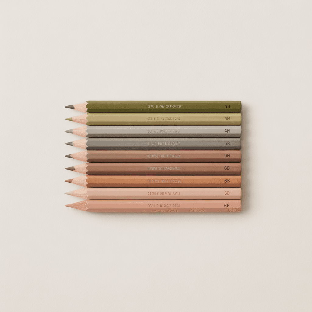 Seven pencil lead grades from 4H to 6B arranged in a diagonal row on a white surface