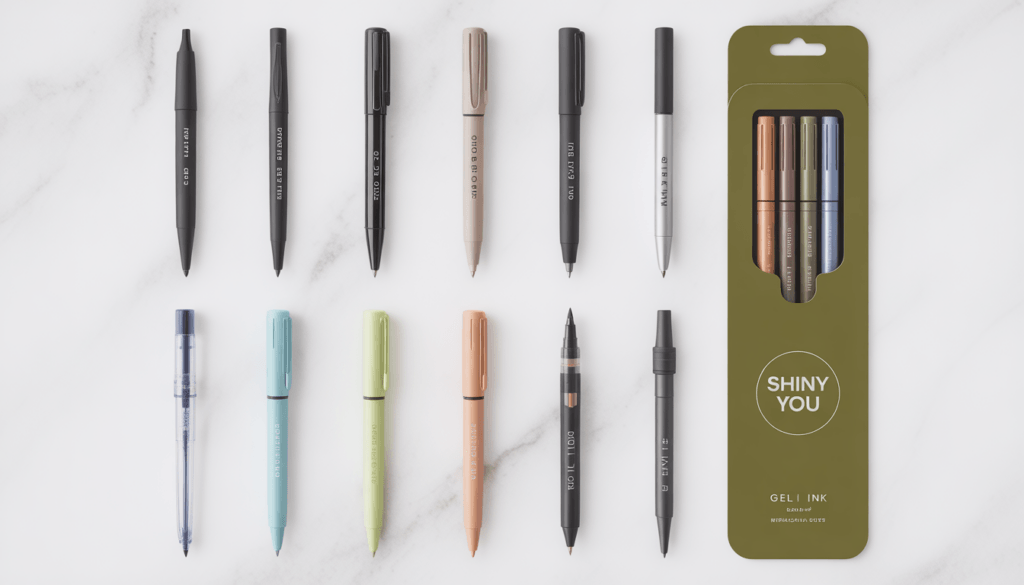 Gel Ink Pens: 10 Best Options for Writers in 2026 3 Ten different types of gel ink pens arranged in a flat lay grid on white marble including black pastel metallic erasable and branded OEM options