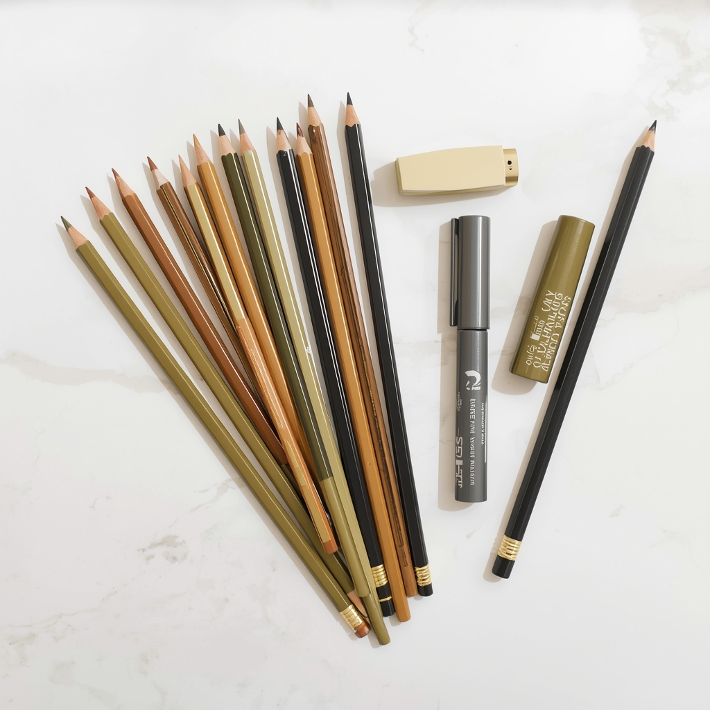 Art supplies set with pencils markers and colored pencils arranged on a white marble surface