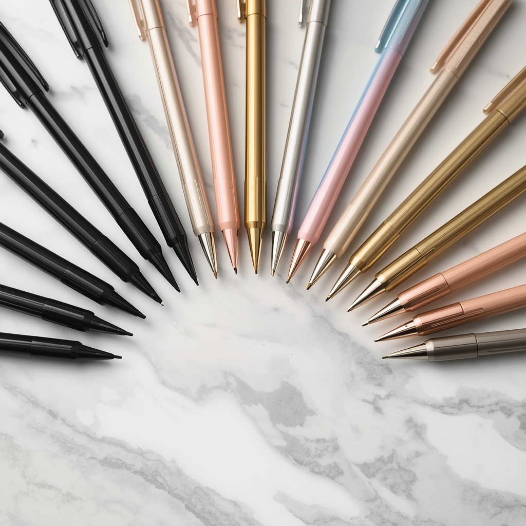 Collection of gel ink pens in various colors including black pastel metallic and neon arranged in a flat lay on white marble