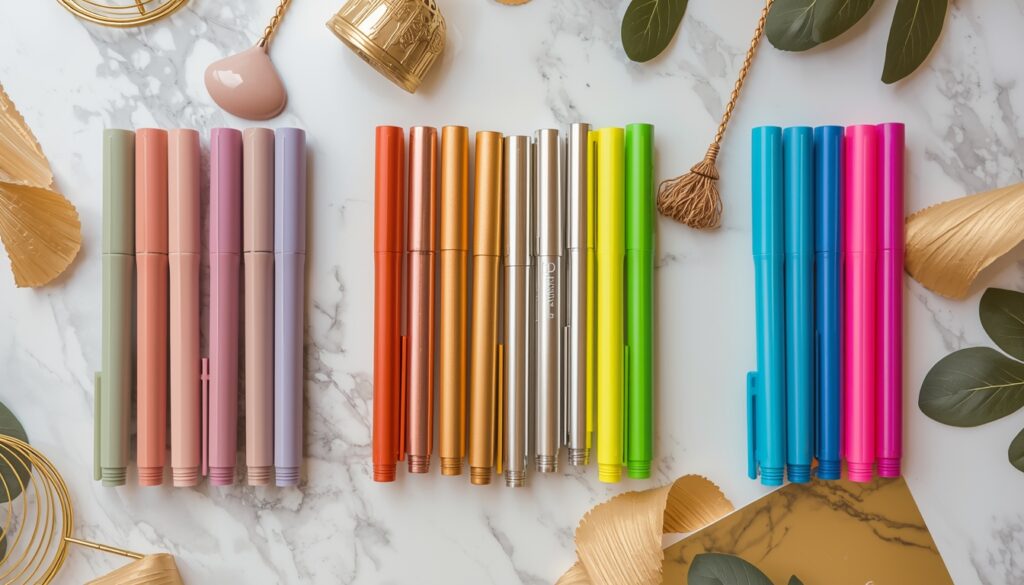 Gel Ink Pens: 10 Best Options for Writers in 2026 4 Colored gel ink pens in three groups on white marble showing pastel shades on the left metallic shades in the center and neon shades on the right